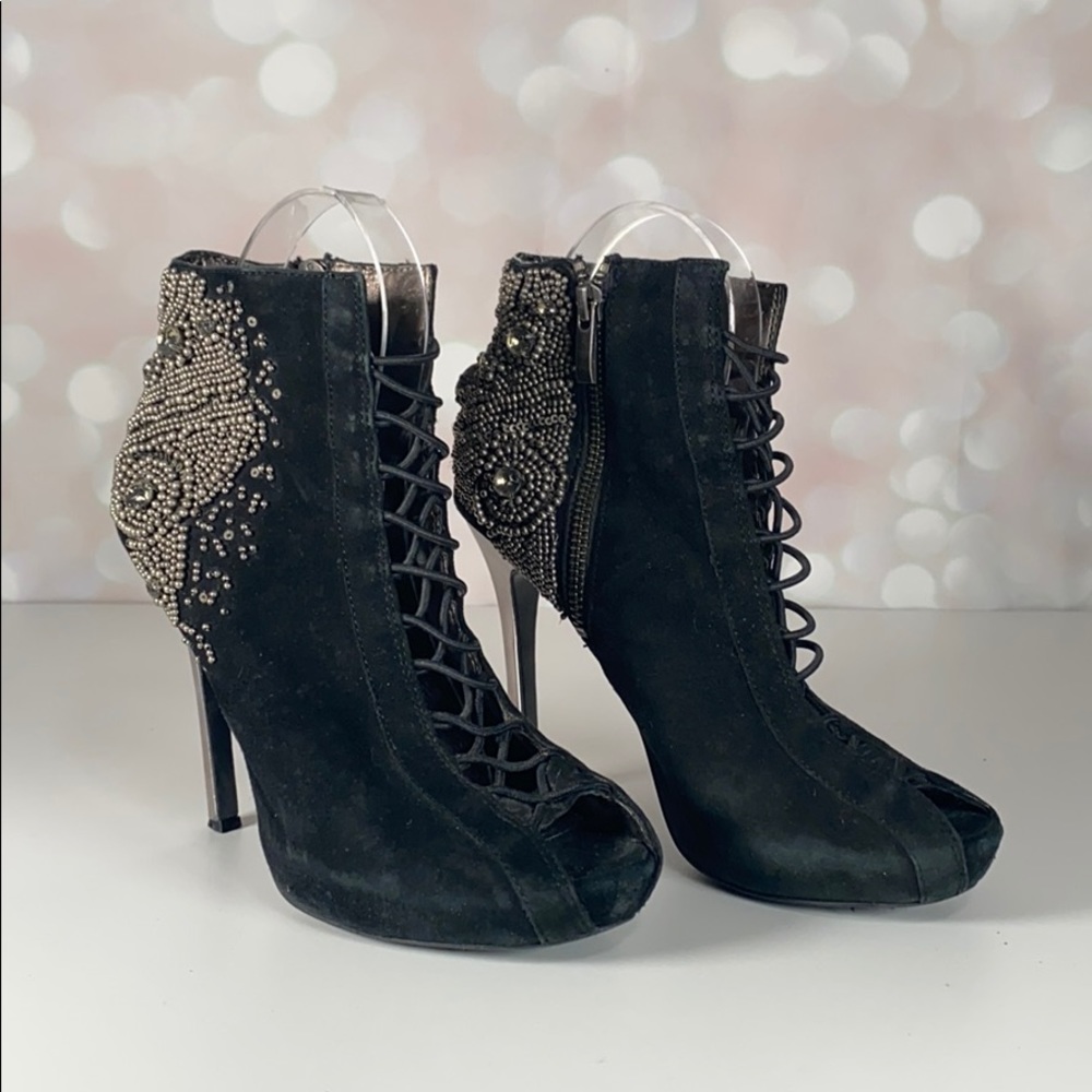 SAM EDELMAN “QUANTAM” Embellished Laced Suede Heel - Picture 10 of 16